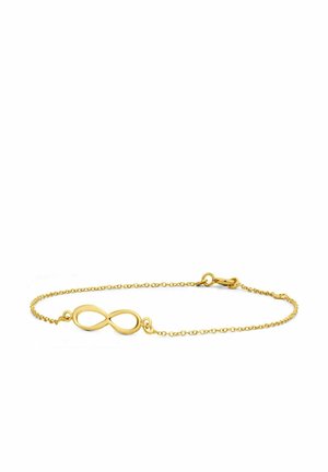 Bracelet en or avec un symbole de l'infini en pièce maîtresse, doté d'une chaîne délicate et d'un fermoir à ressort. Design épuré et finition brillante.