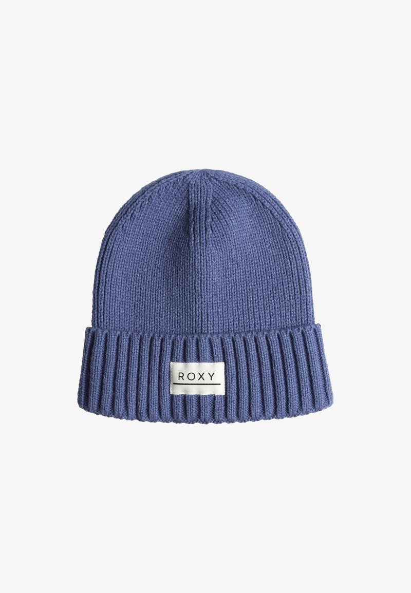 Blue knitted beanie with a ribbed cuff, featuring a white rectangular label with the text "ROXY". Soft texture with a close-fitting design.