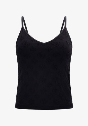 Schwarzes Tanktop mit dünnen Trägern, das ein strukturiertes Muster mit erhobenen Designs aufweist und eine figurbetonte Silhouette mit rundem Ausschnitt hat.
