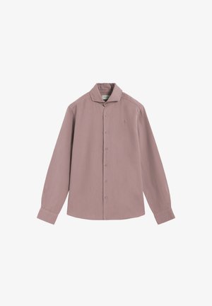 Chemise mauve à manches longues avec boutons, col et poignets, présentée à plat sur un fond blanc.