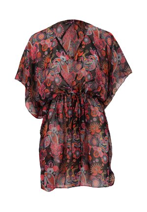 Robe noire transparente avec motif floral cachemire rouge, rose et orange, col en V, larges manches courtes et taille cintrée avec cordon.