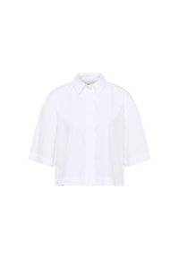 Cropped white shirt with short sleeves, button-down collar, and a smooth cotton fabric. Features a front placket and a straight hemline.