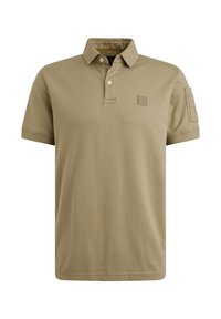 Khaki polo shirt van zachte katoen, met een drieknopenlijst, korte mouwen en een patch pocket op de linkermouw.