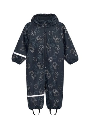 Tuta antipioggia scura per bambini con cappuccio, zip frontale, polsini elastici e fascia riflettente bianca. Il motivo presenta icone di volti sorridenti e neutri.