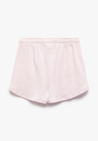 Shorts en tissu côtelé rose clair avec une taille élastique douce. Présente une coupe décontractée et des fentes latérales pour faciliter le mouvement.