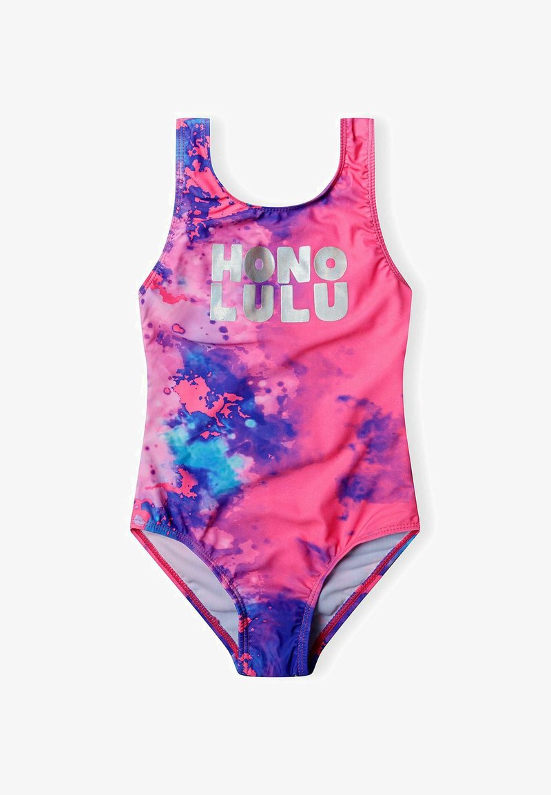 Kopalke z roza in modrim tie-dye vzorom, ki vključujejo srebrno besedilo "HONOLULU." Narejene so iz elastičnega, gladkega materiala z obliko z globokim vratom.