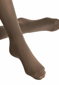 Nylon panty's in een doorschijnende, donkerbruine kleur, met een gladde textuur en voetjes, die er licht en ademend uitzien.