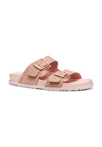 Sandali in suede rosa con due fibbie regolabili, una soletta testurizzata e una suola in gomma contrastante con motivi a zigzag.