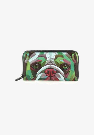 Portafoglio con design geometrico di un bulldog in verde, rosso e marrone, con chiusura a zip e marchio sulla parte anteriore. Superficie testurizzata.