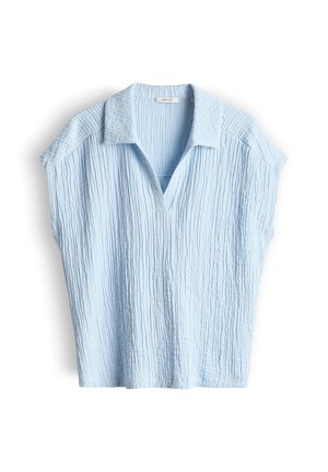 Light blue textured short-sleeve blouse with collar and deep V-neckline, laid flat on a white background.