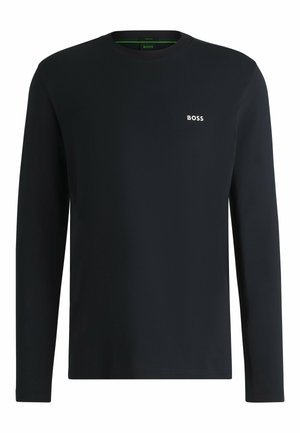 Zwarte t-shirt met lange mouwen, gemaakt van zachte katoen, met een ronde halslijn en een klein wit "BOSS" logo op de borst. Gladde textuur.