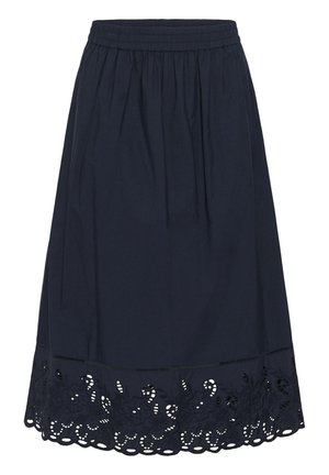 Jupe bleu marine longueur genou avec taille élastique et ourlet festonné ornée de détails de broderie florale en œillets.