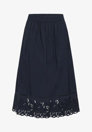 Jupe bleu marine longueur genou avec taille élastique et ourlet festonné ornée de détails de broderie florale en œillets.