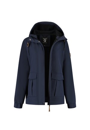 Navy blue hooded jacket with front zipper, two flap pockets, elastic cuffs, and drawstrings on the hood, labeled "Travelin."