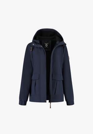 Navy blue hooded jacket with front zipper, two flap pockets, elastic cuffs, and drawstrings on the hood, labeled "Travelin."