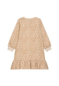Beige Kleid mit langen Ärmeln, das ein rosa- und braunfarbenes Blattmuster aufweist. Es hat einen gerafften Saum und einen weichen, strukturierten Stoff.