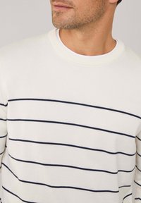 Suéter de algodón con cuello redondo, con rayas horizontales azules en un fondo beige claro. Textura suave, corte relajado.