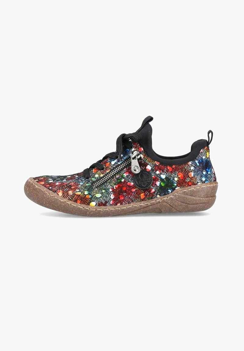Black and multicolored patterned sneaker with a textured upper, lace-up design, side zip, and a light brown rubber sole with rounded toe.