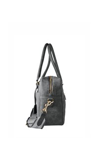 Grijze neplederen handtas met een ritsluiting, afneembare schouderriem, zijvak en gouden hardware. Stevige dubbele handvatten voor het dragen.