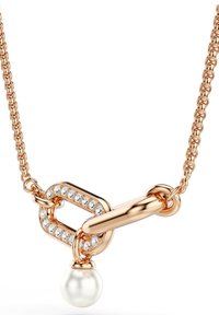 Rosaguld kædedyse med en lås dekoreret med små krystaller og en enkelt hængende hvid perle charms.