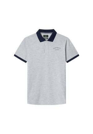 Graues Poloshirt mit einem marineblauen Kragen und Ärmeln. Verfügt über eine Drei-Knopf-Leiste und eine "Hackett London"-Stickerei auf der Brust.