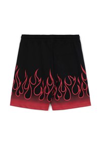 Pantaloni corti neri con grafiche di fiamme rosse all'orlo, una texture liscia e una vita elastica con una singola tasca posteriore.