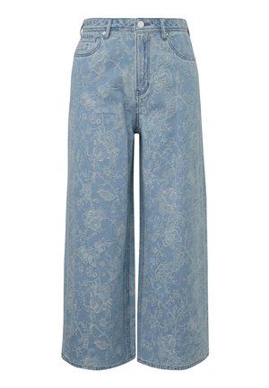Lichtblauwe jeans met wijd uitlopende pijpen en een geperst bloemmotief, voorzien van een knoopsluiting en rits aan de voorkant, voor- en achterzakken, en lussen voor een riem.
