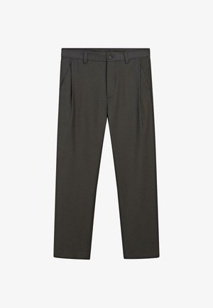 Dunkelgraue Hose mit geradem Schnitt, mit flachem Vorderteil, zwei Seitentaschen und Knopfverschluss. Glatter Stoff ohne sichtbare Muster.