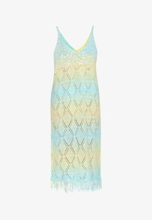 Kevyt, monivärinen neulottu mekko, jossa on timanttikuvio, V-pääntie ja fringitettava helma. Värit sisältävät sinisen, keltaisen ja kermaisen.