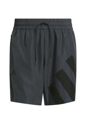 Szare spodenki sportowe, wykonane z lekkiego materiału, z elastycznym paskiem w talii i sznurkiem do regulacji, posiadają czarne akcenty oraz skośne paski po bokach.