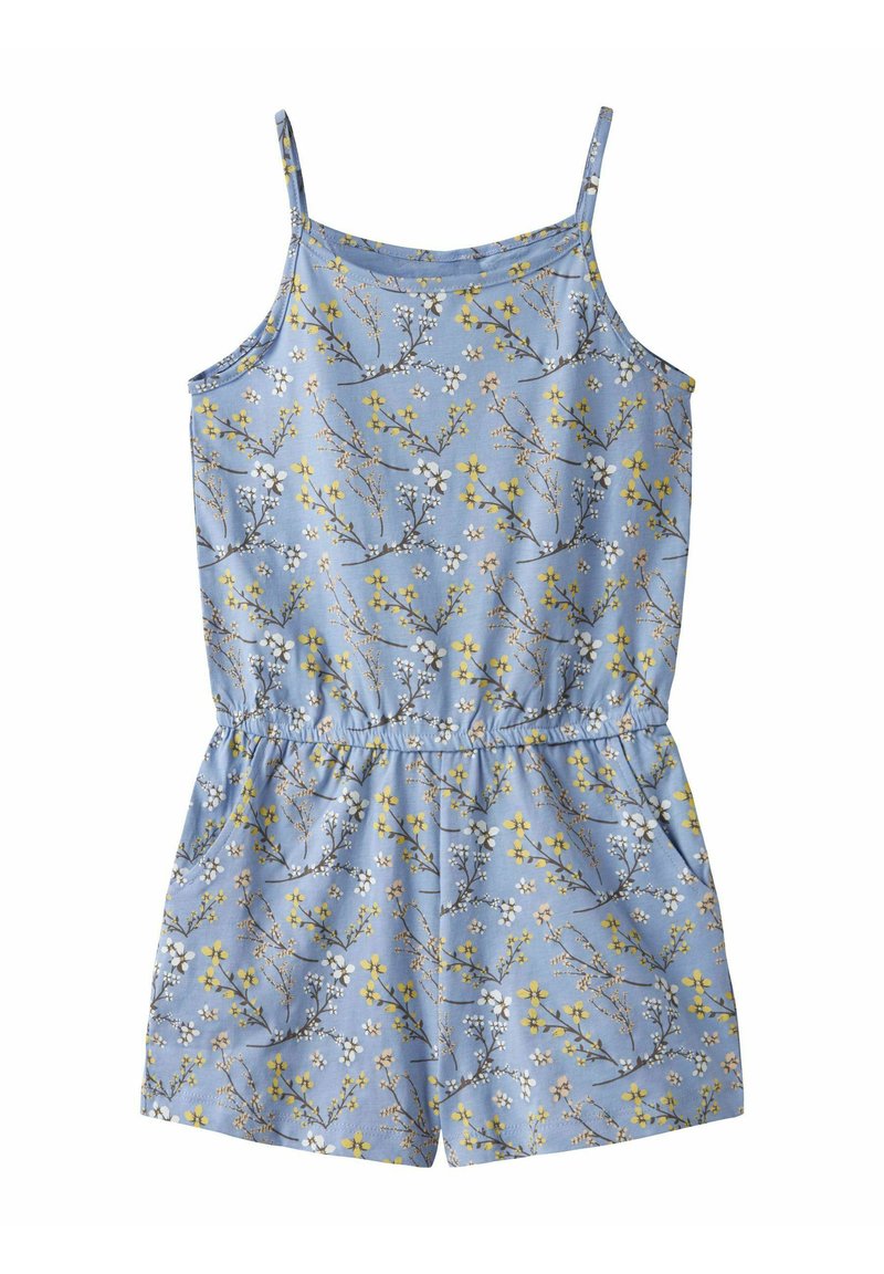 Blomstret romper i blå farve med tynde stropper. Udsmykket med hvide og gule blomster på en lys blå baggrund. Elastisk talje, afslappet fit shorts.