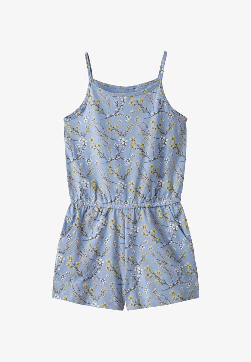Blauwe bloemen rompert met dunne bandjes. Heeft witte en gele bloemen op een lichtblauwe achtergrond. Elastische tailleband, shorts met een relaxte pasvorm.