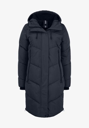 Dunkelblauer gepolsterter Mantel mit Kapuze, mit einem Reißverschluss vorne, Seitentaschen, elastischen Bündchen und diagonalen Steppmustern.