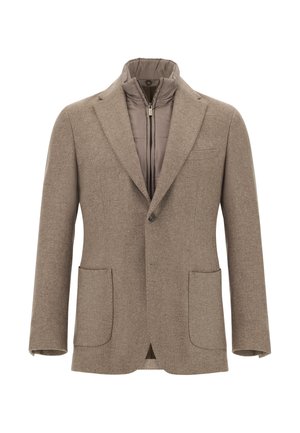 Blazer in misto lana marrone con colletto a punte, due tasche frontali e una fodera trapuntata staccabile con chiusura a zip.