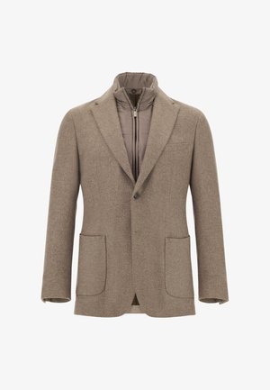 Ruskea villasekoitebleiseri, jossa on huoliteltu kaulus, kaksi etutaskua ja irrotettava vuorikangaskerros, jossa on vetoketjusuljenta.