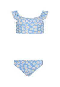 Blå bikini sæt med hvide tusindfryd og gule midter. toppen har flæser ved stropperne, mens bunden har et simpelt, lavt design.