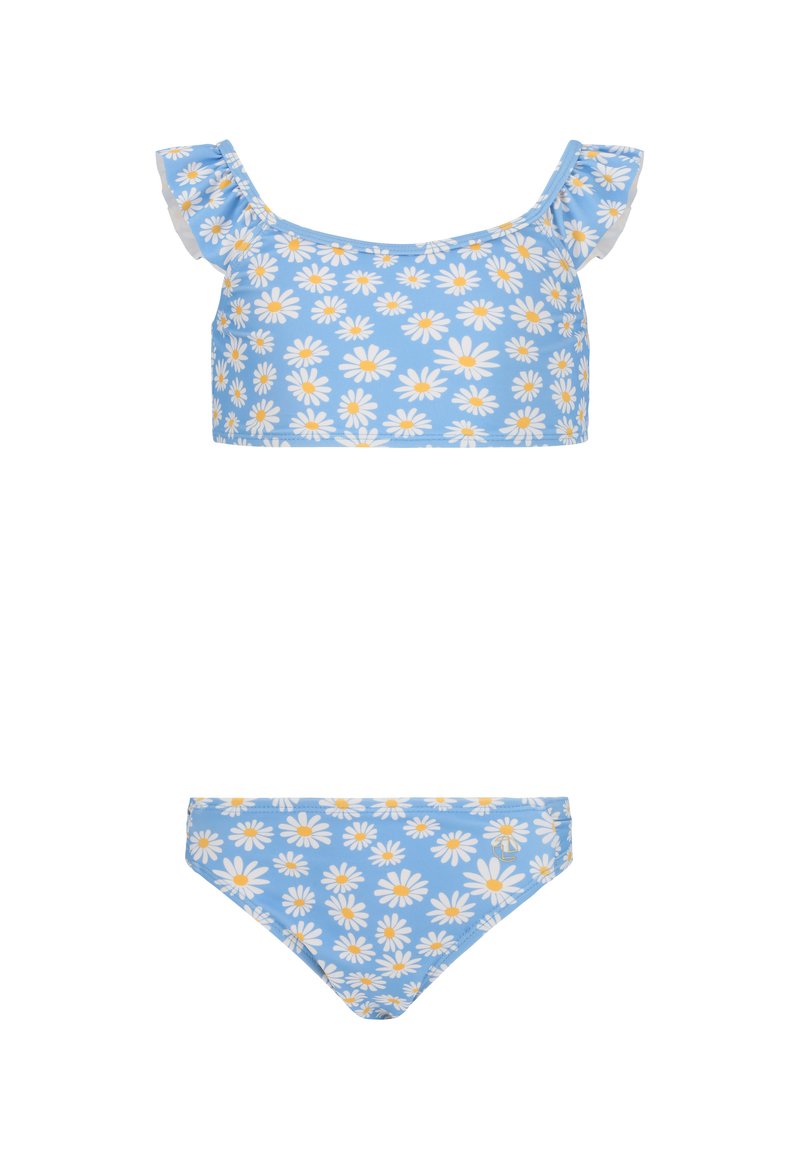 Blå bikini sæt med hvide tusindfryd og gule midter. toppen har flæser ved stropperne, mens bunden har et simpelt, lavt design.