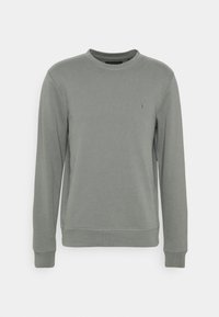 Jednolity szary długi rękaw crewneck z ribbowanymi mankietami i dołem, z małym haftowanym logo na lewej piersi.