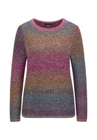 Pull en tricot à manches longues avec des couleurs dégradées mêlant le violet, le rose, le marron et le bleu, doté d'un col rond et d'un motif texturé.