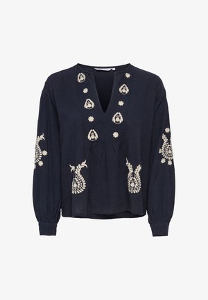 Blouse à manches longues bleu marine avec broderies florales crème à l'avant, sur les manches et près de l'encolure, dotée d'un col en V et d'une taille froncée.