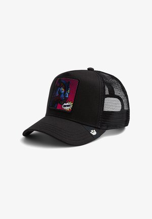 Gorra trucker negra de malla con un parche colorido del rostro de una pantera azul y detalles al estilo cómic en el panel frontal.