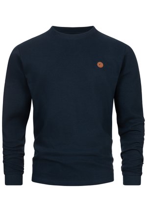 Marineblaues, geripptes Sweatshirt mit langen Ärmeln, Rundhalsausschnitt und kleinem rundem beigen Logo auf der oberen linken Brust.