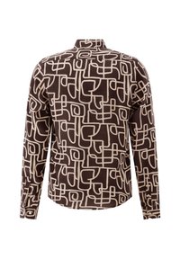 Braunes Langarmhemd mit einem cremefarbenen abstrakten geometrischen Muster, ausgestattet mit einem Stehkragen und geknöpften Manschetten.