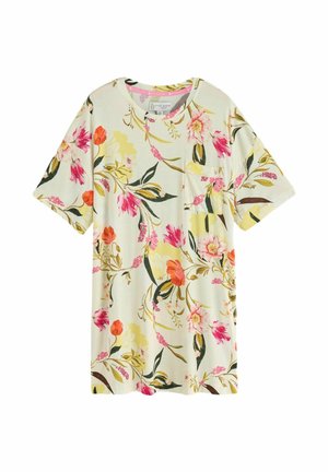Kurzärmeliges cremefarbenes T-Shirt mit pinkem, orangefarbenem und gelbem Blumenmuster und einer kleinen Brusttasche auf der linken Seite.