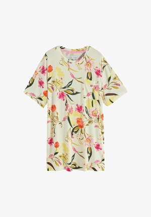 Kurzärmeliges cremefarbenes T-Shirt mit pinkem, orangefarbenem und gelbem Blumenmuster und einer kleinen Brusttasche auf der linken Seite.