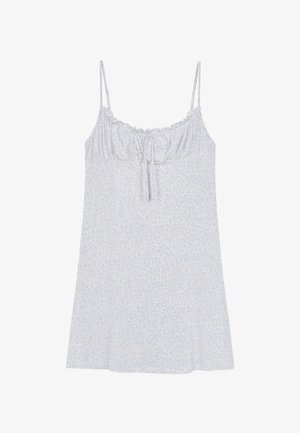 Világoskék virágmintás alvóruha puha anyagból. Állítható spagettipántokkal és összehúzott nyakkivágással rendelkezik, amelyhez fűzős rész tartozik.