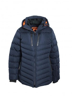 Navy blue puffer jacket with a hood, featuring horizontal quilted fabric, black zippers, and orange accents on the interior and hood.