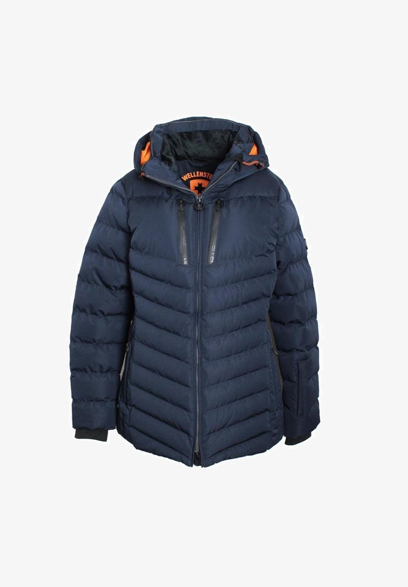 Navy blue puffer jacket with a hood, featuring horizontal quilted fabric, black zippers, and orange accents on the interior and hood.