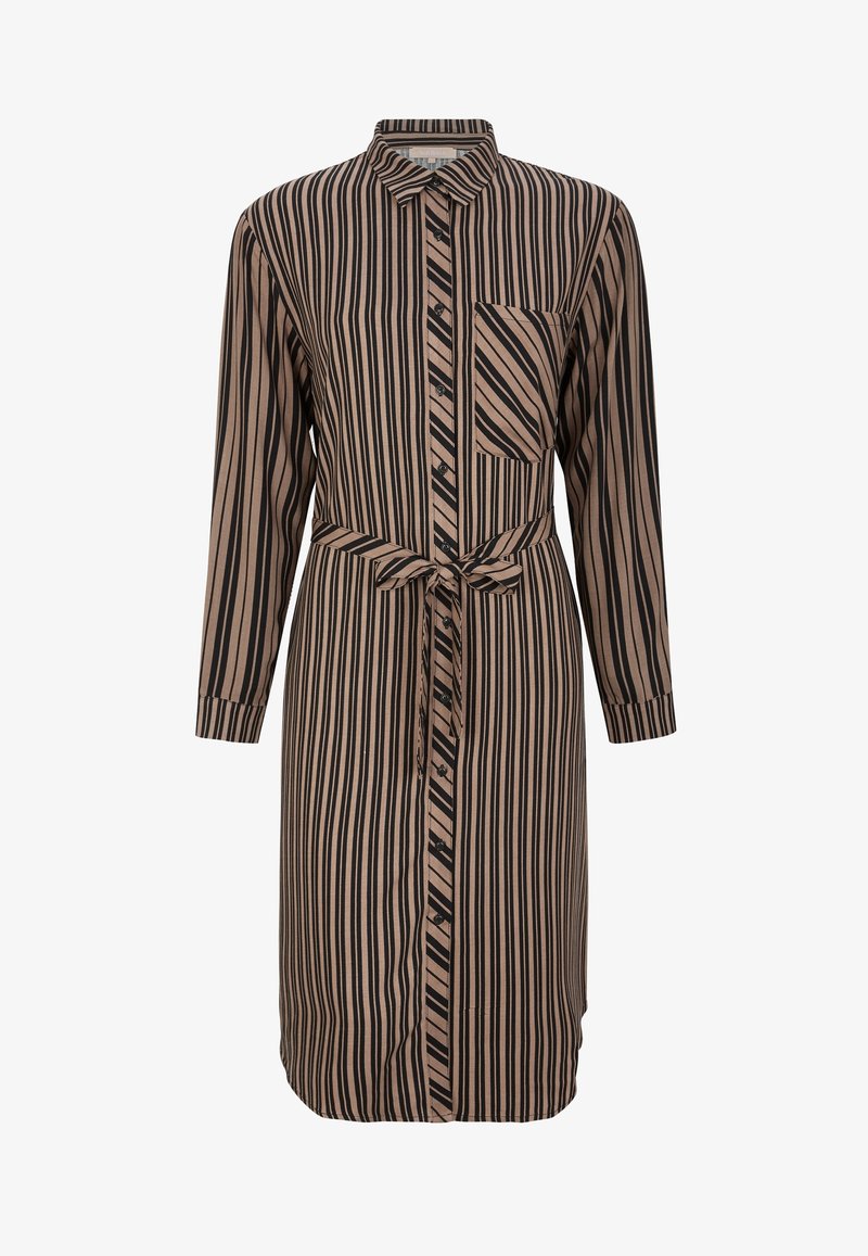 Button-up dress in brown with vertical black stripes, long sleeves, a tie belt, and a patch pocket with diagonal stripe detail.