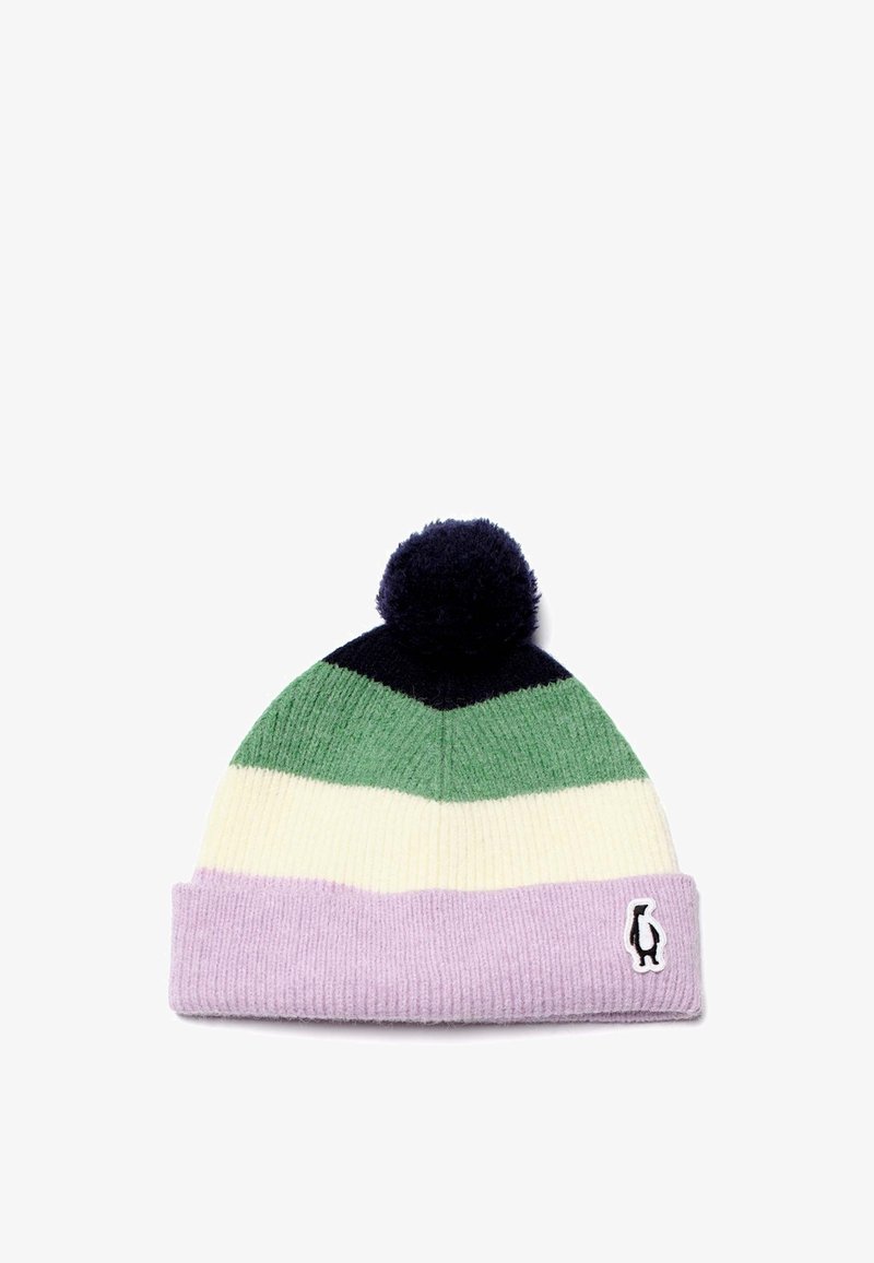 Beanie di maglia con strisce orizzontali in verde, crema e lavanda, con un pompon blu navy sopra. Presenta un piccolo logo sul polsino.